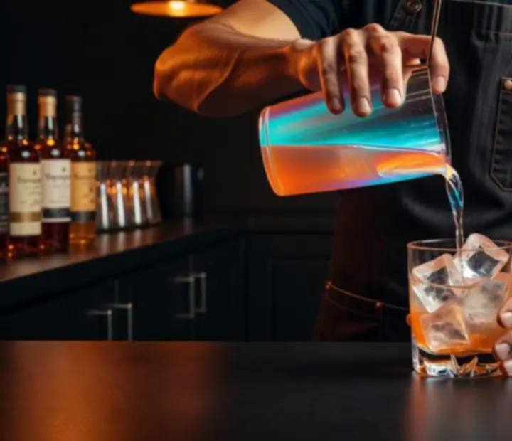 Bartender signature koktélt készít a Topmagyarok sötét bárpultján, borostyán fényekkel és ipari részletekkel.
