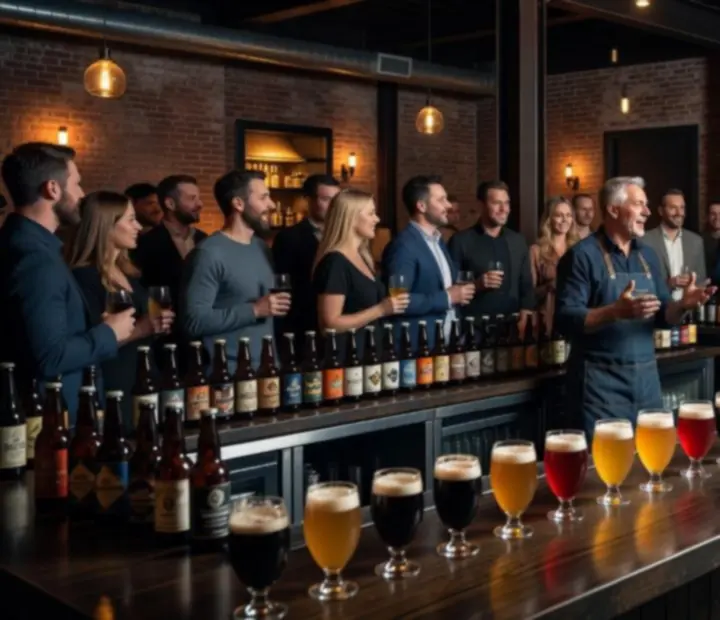 Microbrew sörök sorakoznak a bárpulton brewmaster showcase esten.