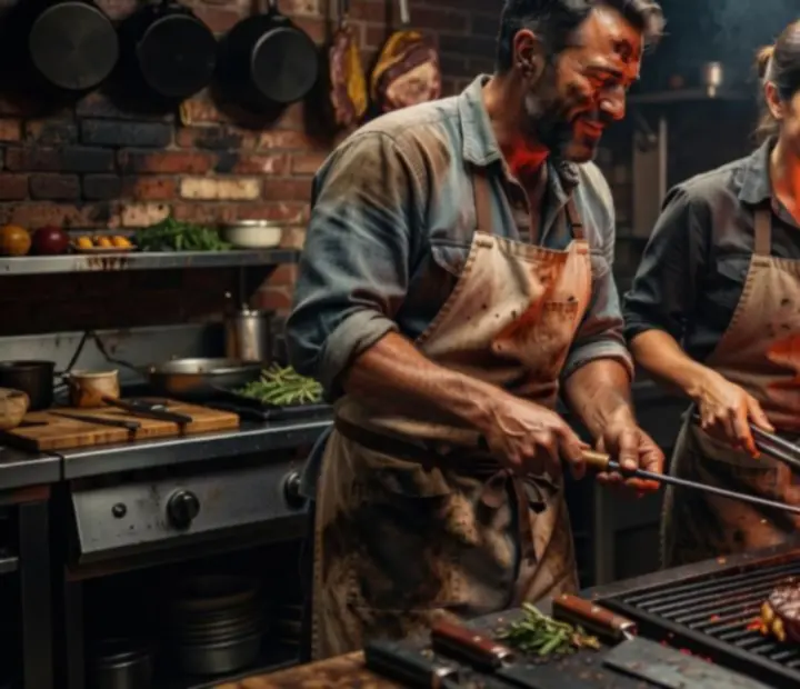 A Topmagyarok alapítói faszenes grill mellett, lángoló steakekkel egy sötét ipari grilltérben