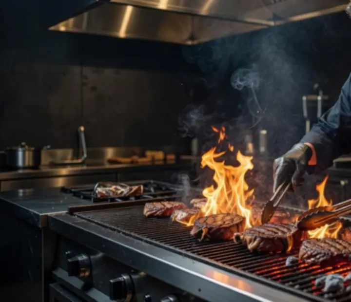 A Topmagyarok fejgrillmestere lángoló faszenes grill mellett, ahogy egy steak kérgét karamellizálja.