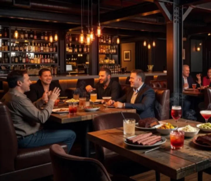 Füstös, ipari-luxus lounge tér, bőr fotelek, sötét fa és réz hangsúlyok, vendégek beszélgetnek italokkal