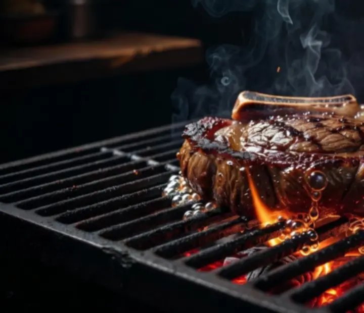 Faszén fölött sülő, lángokkal körülölelt steak a Topmagyarok grillen