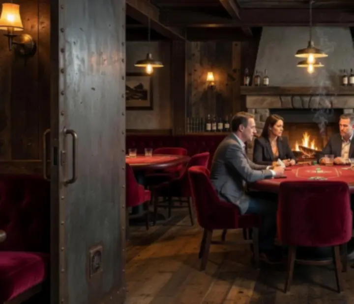 Félhomályos lounge tér, itallal és kártyalapokkal az asztalon